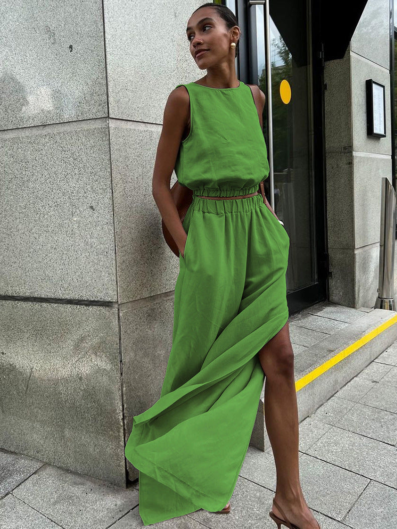 Linen Sleeveless Top With Split Pants Set