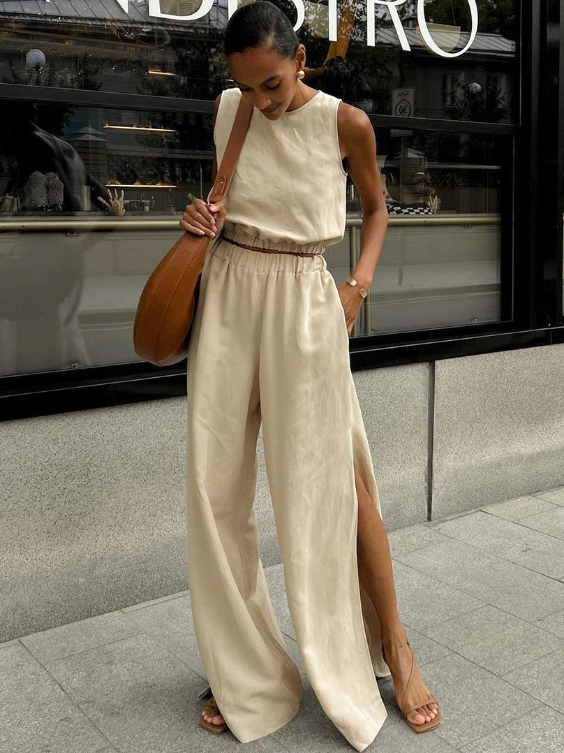 Linen Sleeveless Top With Split Pants Set