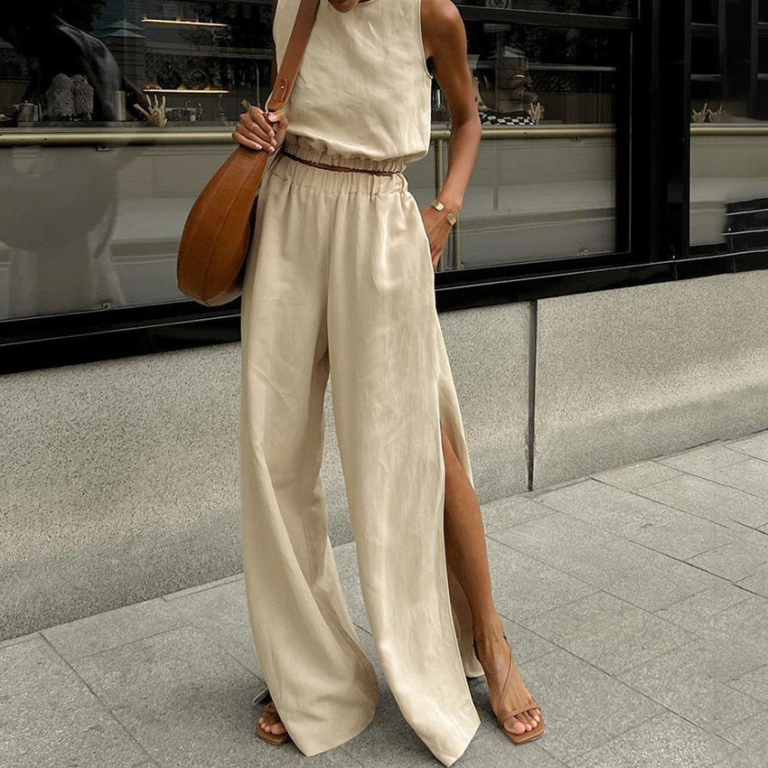 Linen Sleeveless Top With Split Pants Set