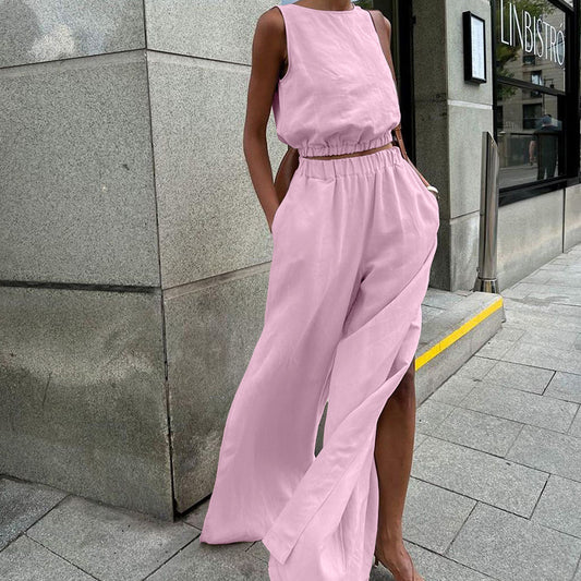 Linen Sleeveless Top With Split Pants Set