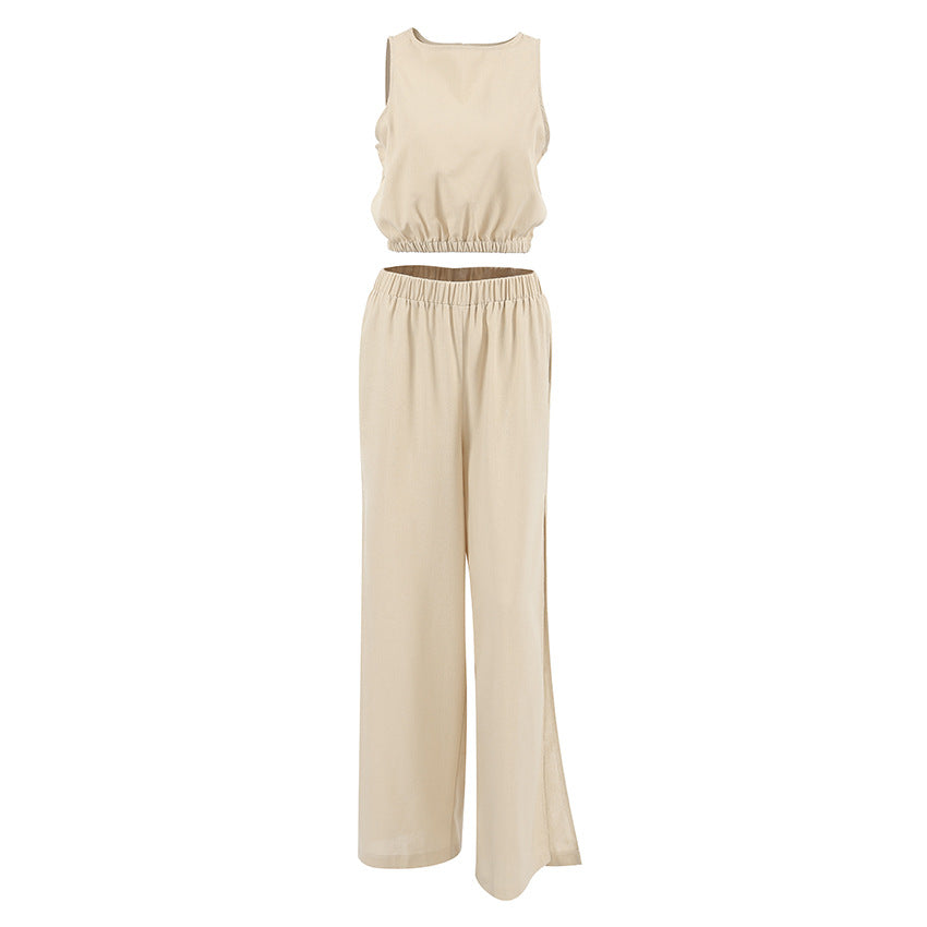 Linen Sleeveless Top With Split Pants Set