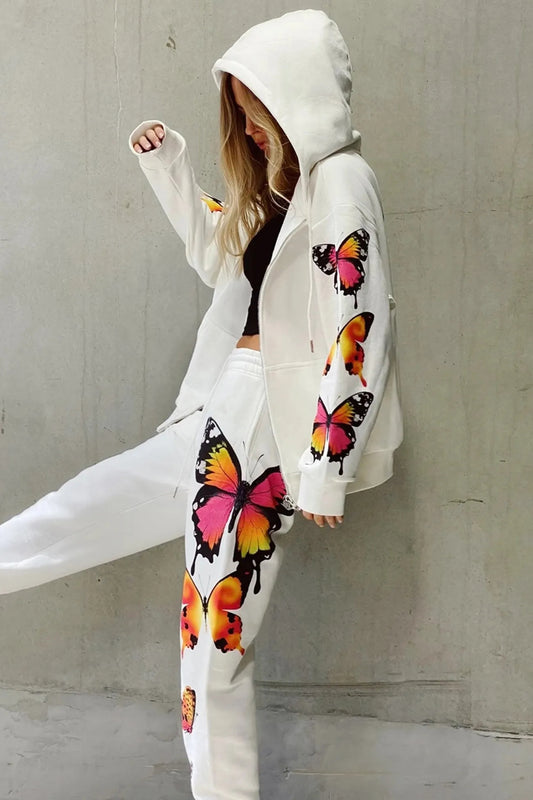 Butterfly Print Zip-up Hoodie Sweatpants Set
