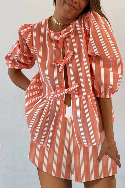 Contrast Striped Tie-up Blouse Suits