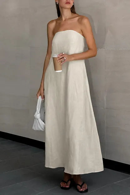 Cotton Linen Smocked Strapless Dress