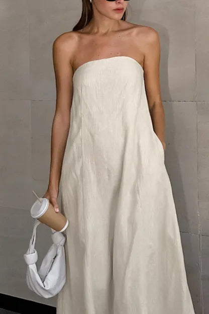Cotton Linen Smocked Strapless Dress