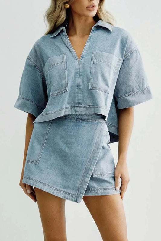 Denim Pocket V Neck Lapel Skorts Set