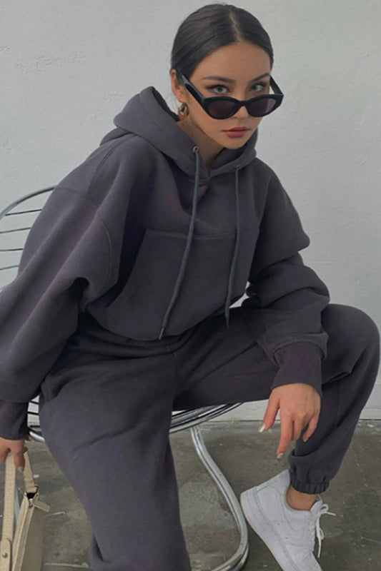 Drawstring Hoodie Crop Top & Jogger Pants