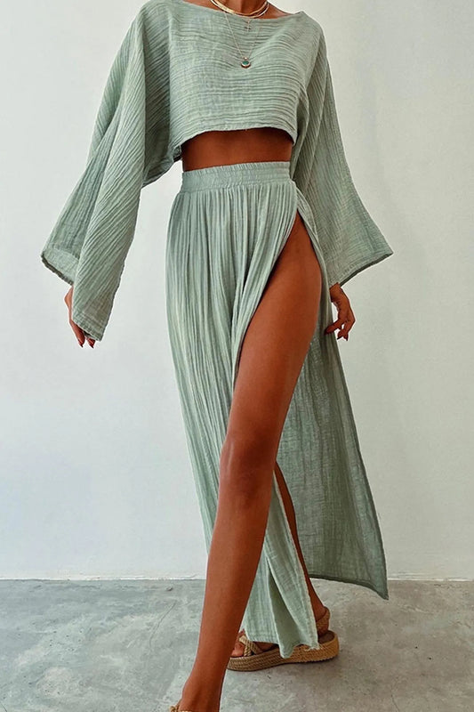 Flare Sleeve Crop Top Slit Skirt Cover-up Set