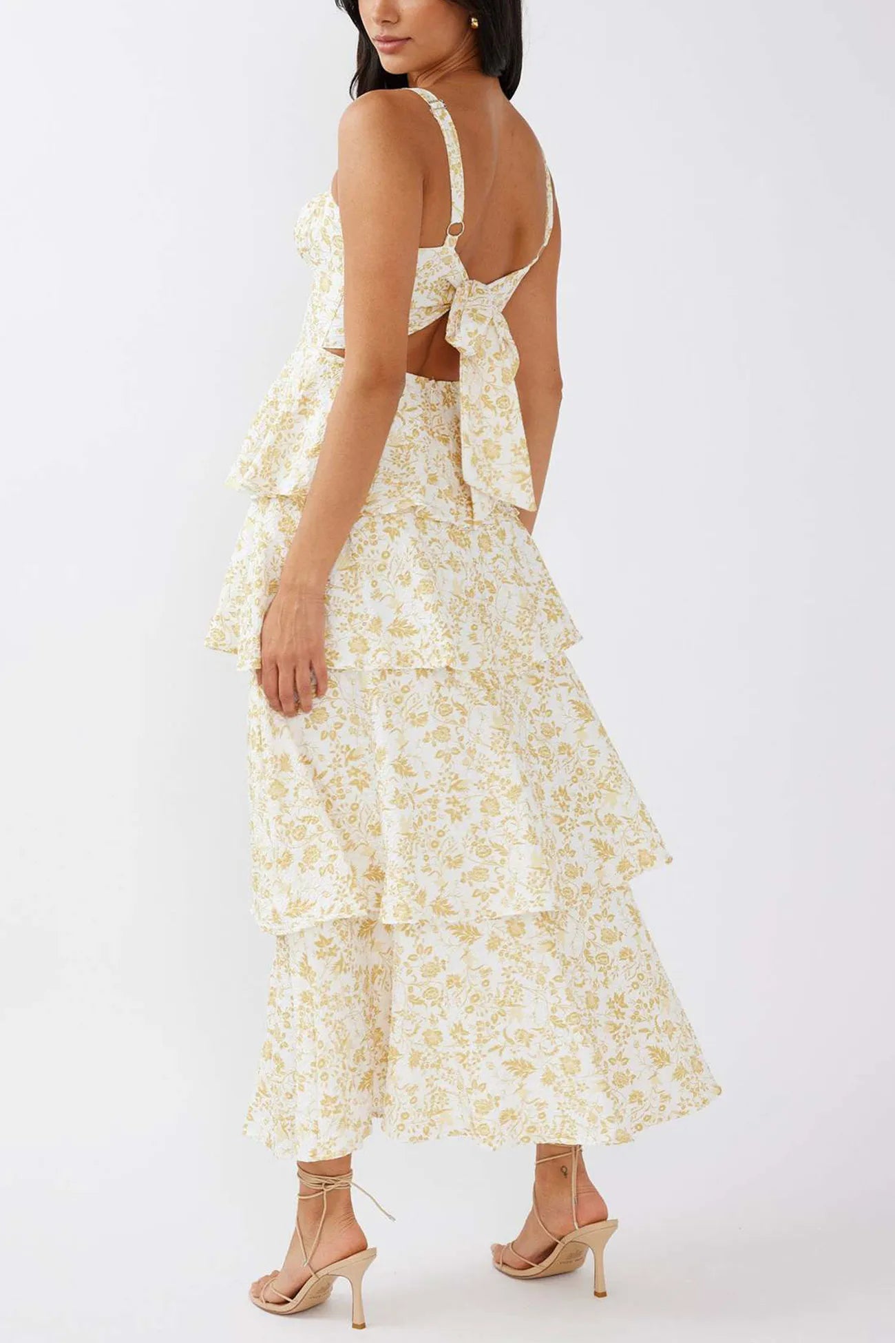Floral Print Tie-up Tiered Midi Dress