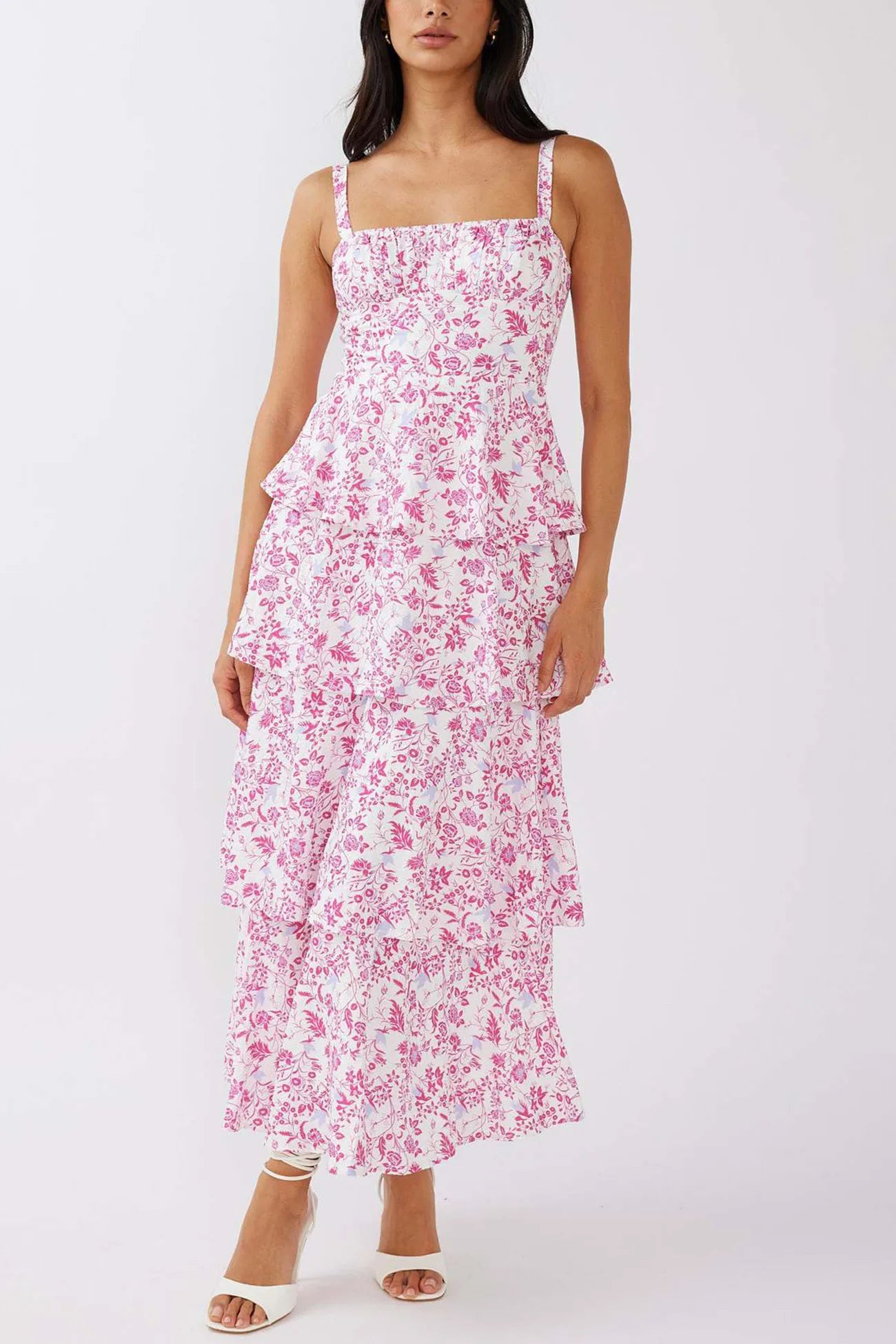 Floral Print Tie-up Tiered Midi Dress