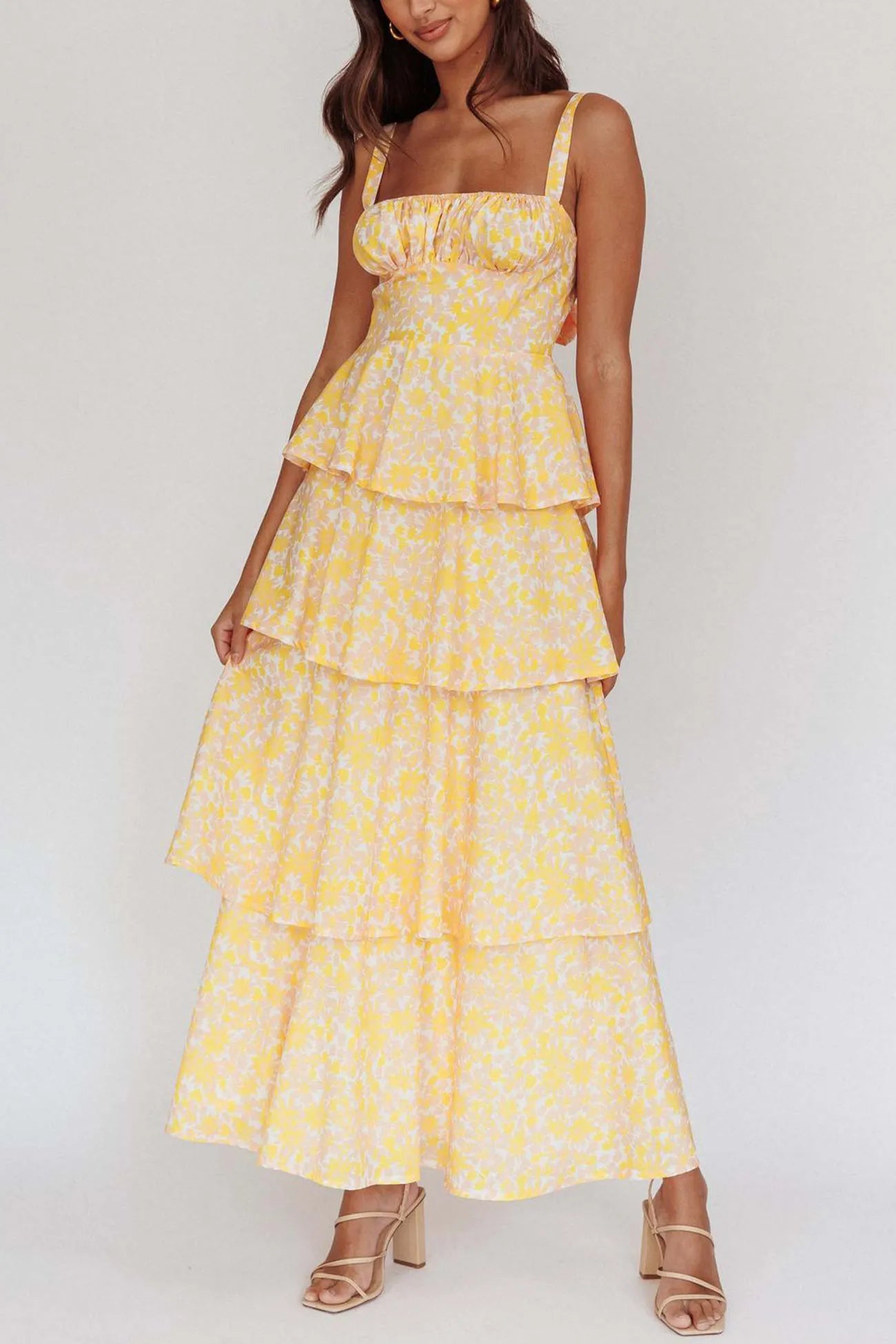Floral Print Tie-up Tiered Midi Dress