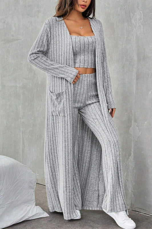 Grey Ribbed Knit Cardigan Three-piece Set