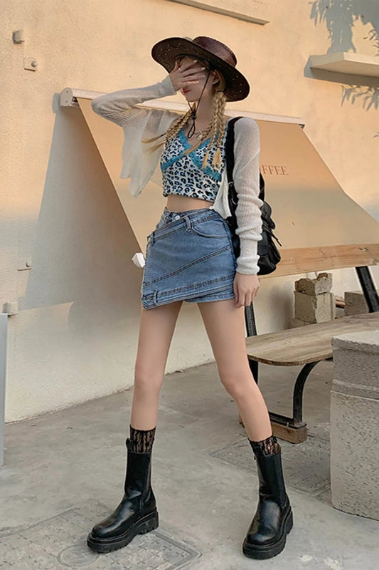 High Waist Irregular Denim Shorts
