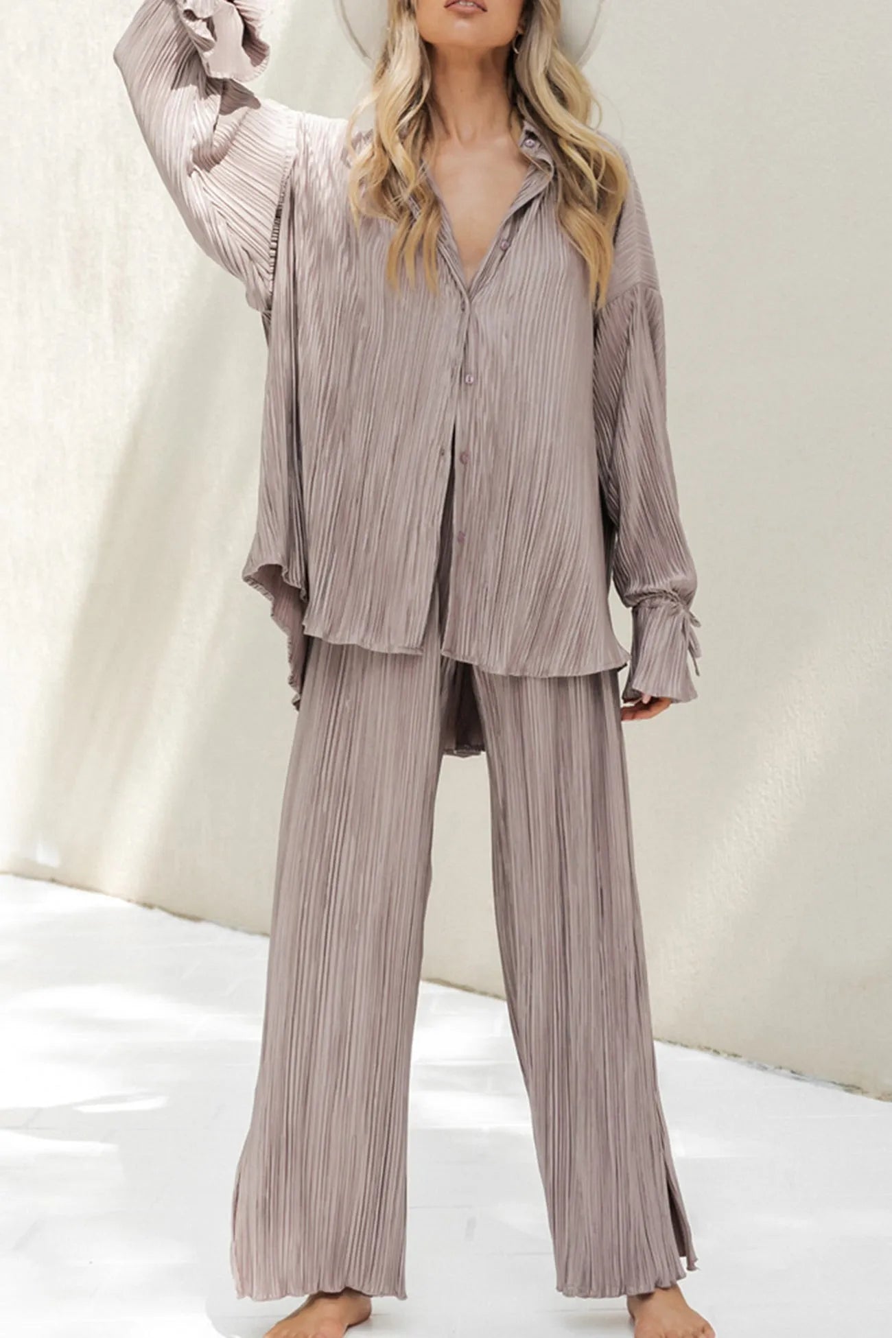 Pleated Blouse Slit Long Pants Set