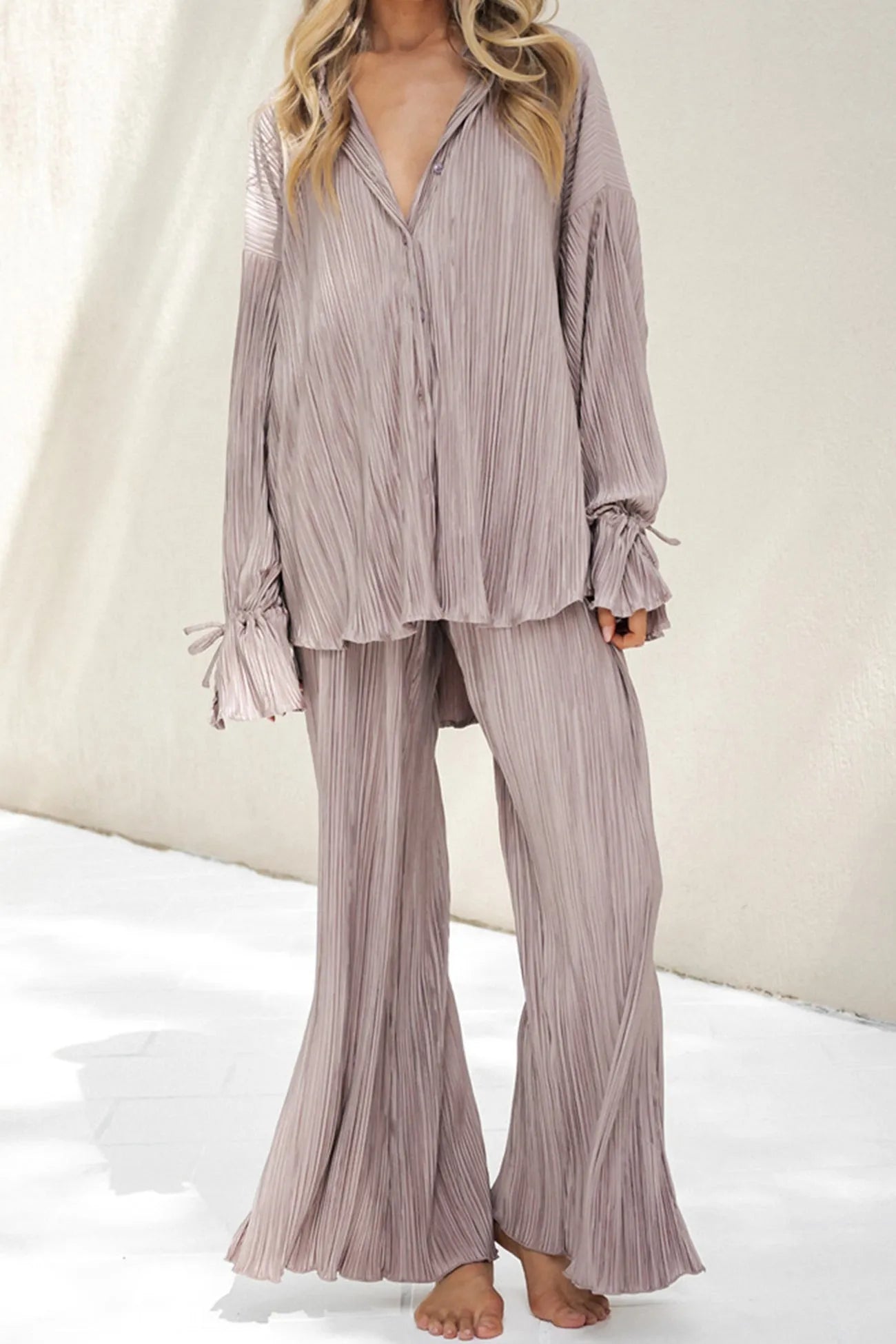 Pleated Blouse Slit Long Pants Set