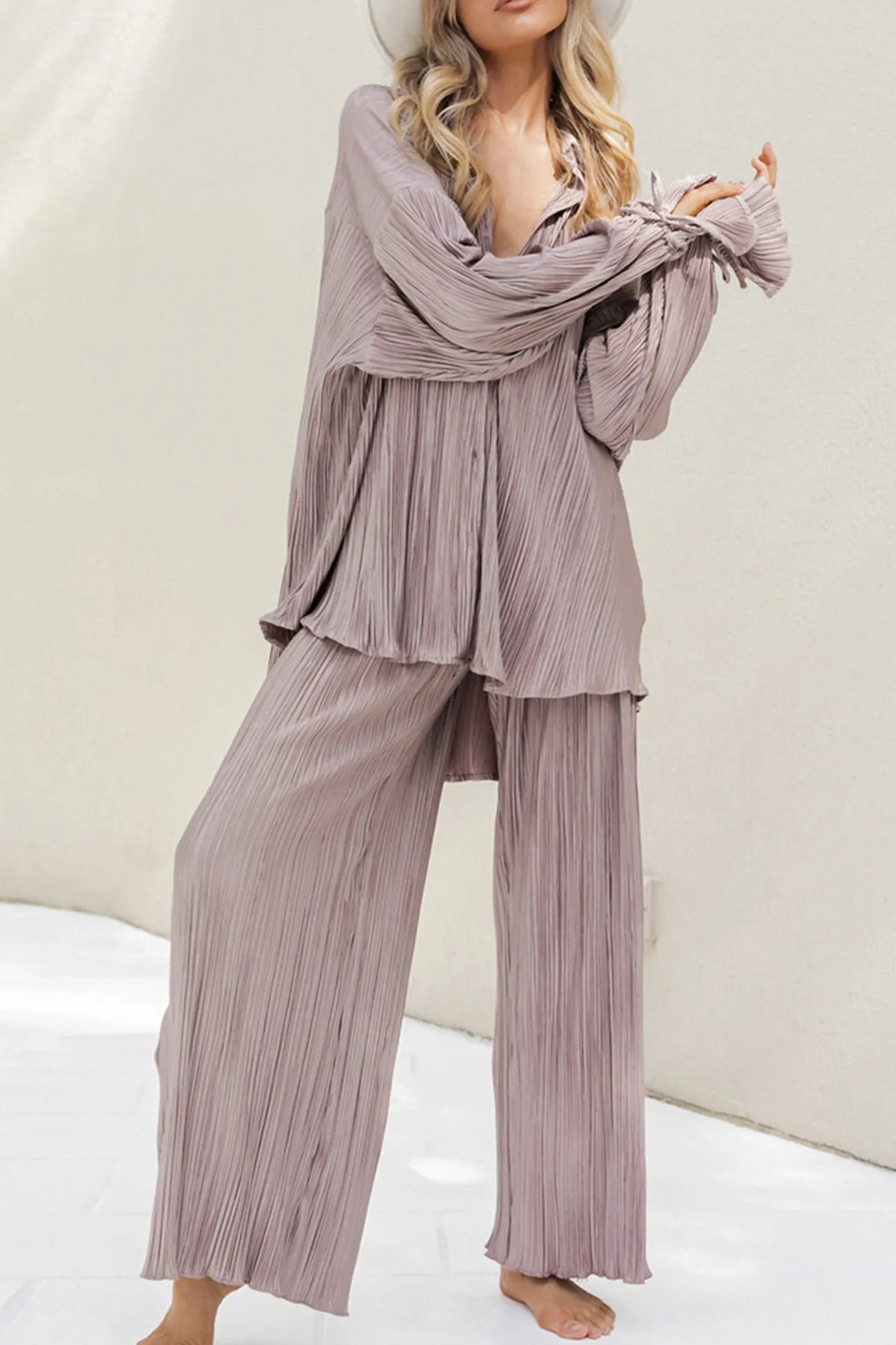 Pleated Blouse Slit Long Pants Set