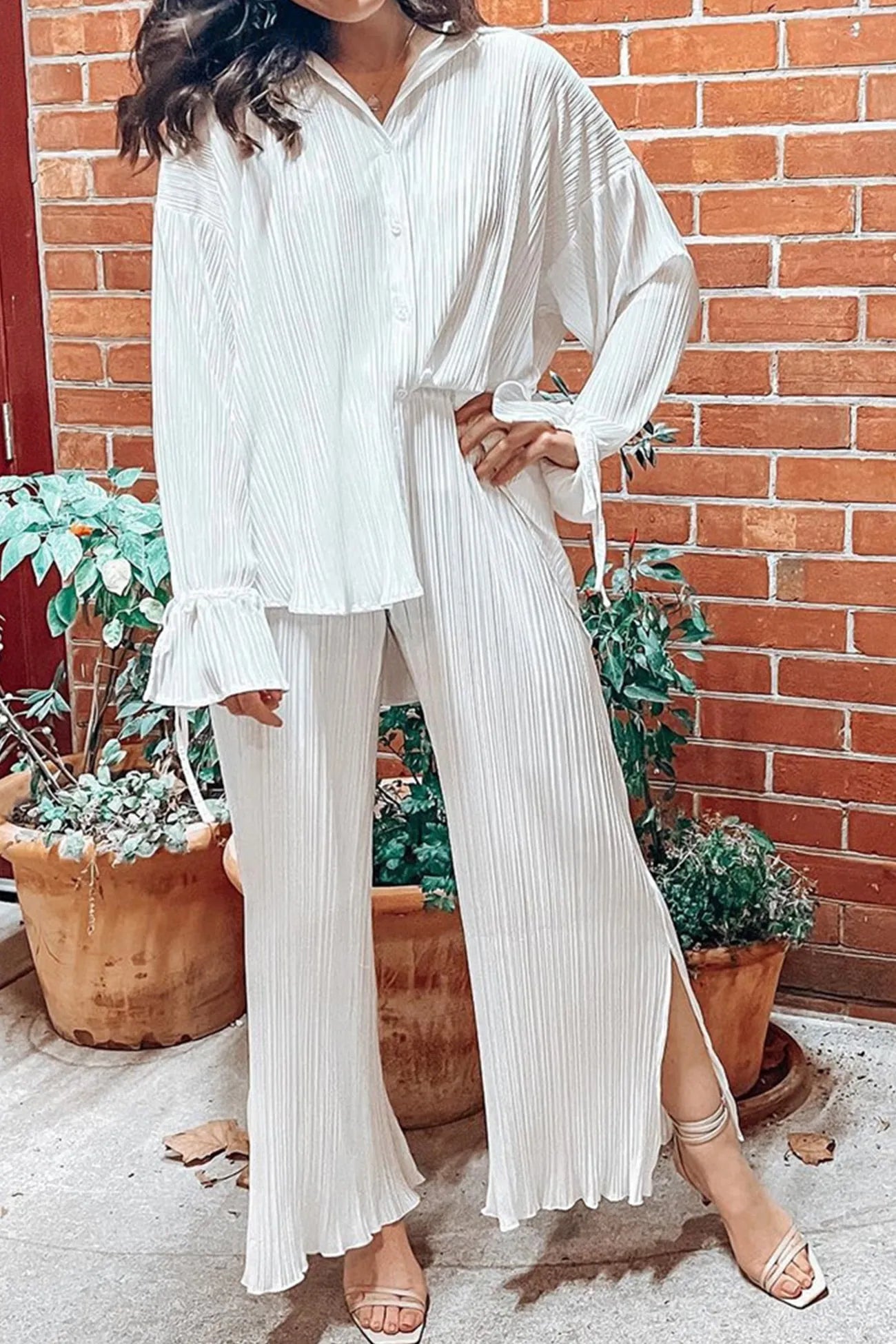 Pleated Blouse Slit Long Pants Set