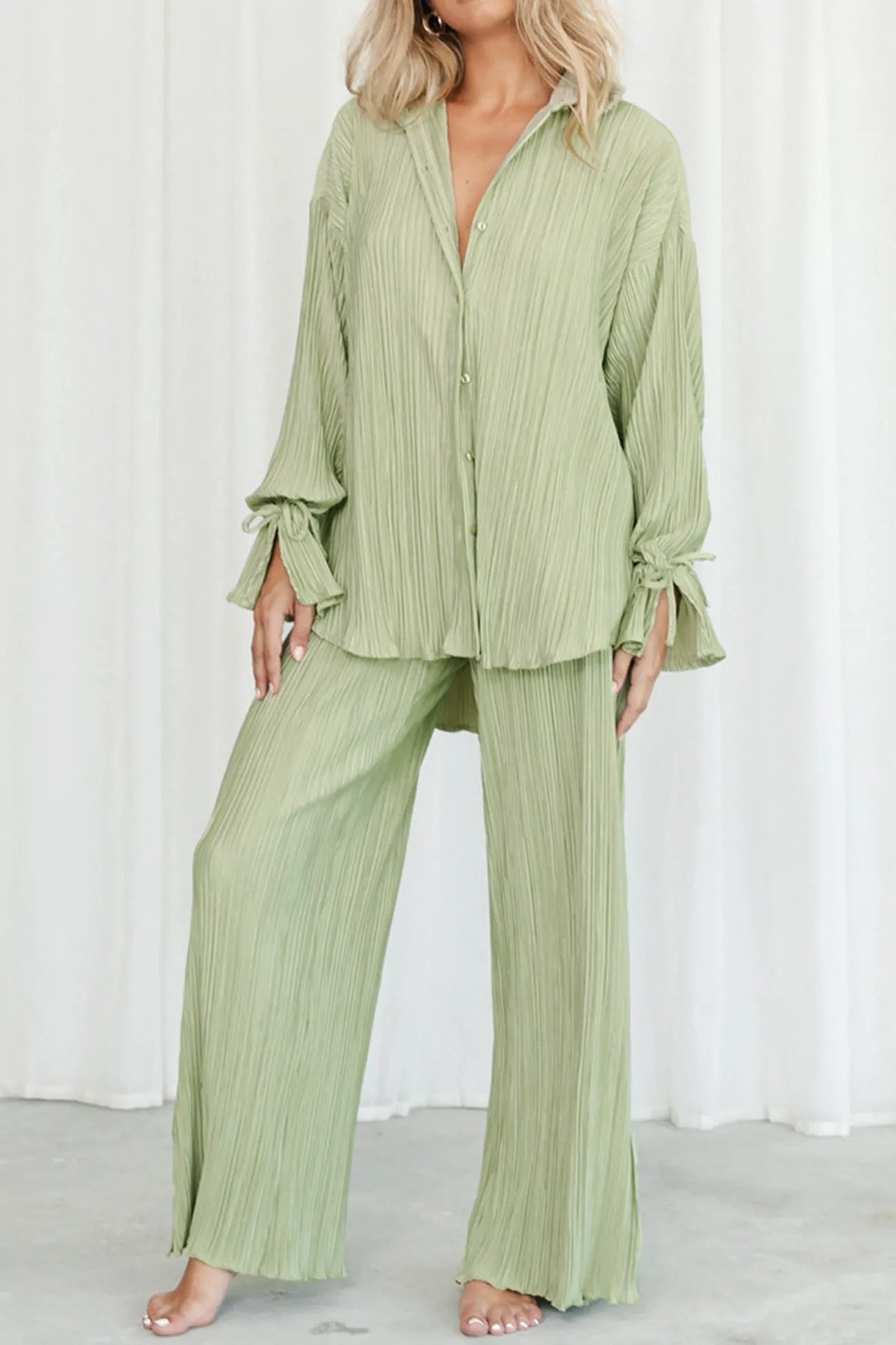 Pleated Blouse Slit Long Pants Set