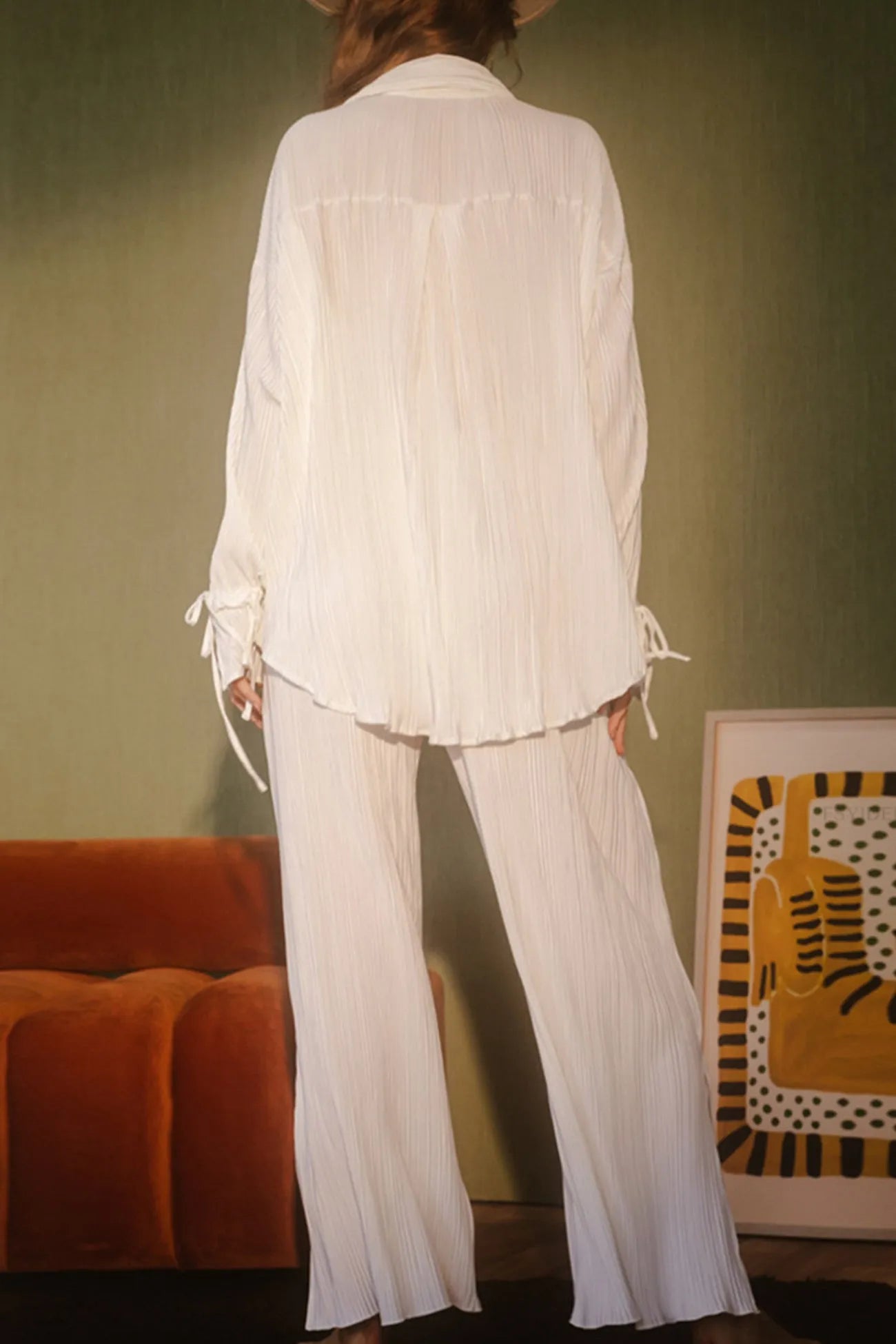 Pleated Blouse Slit Long Pants Set