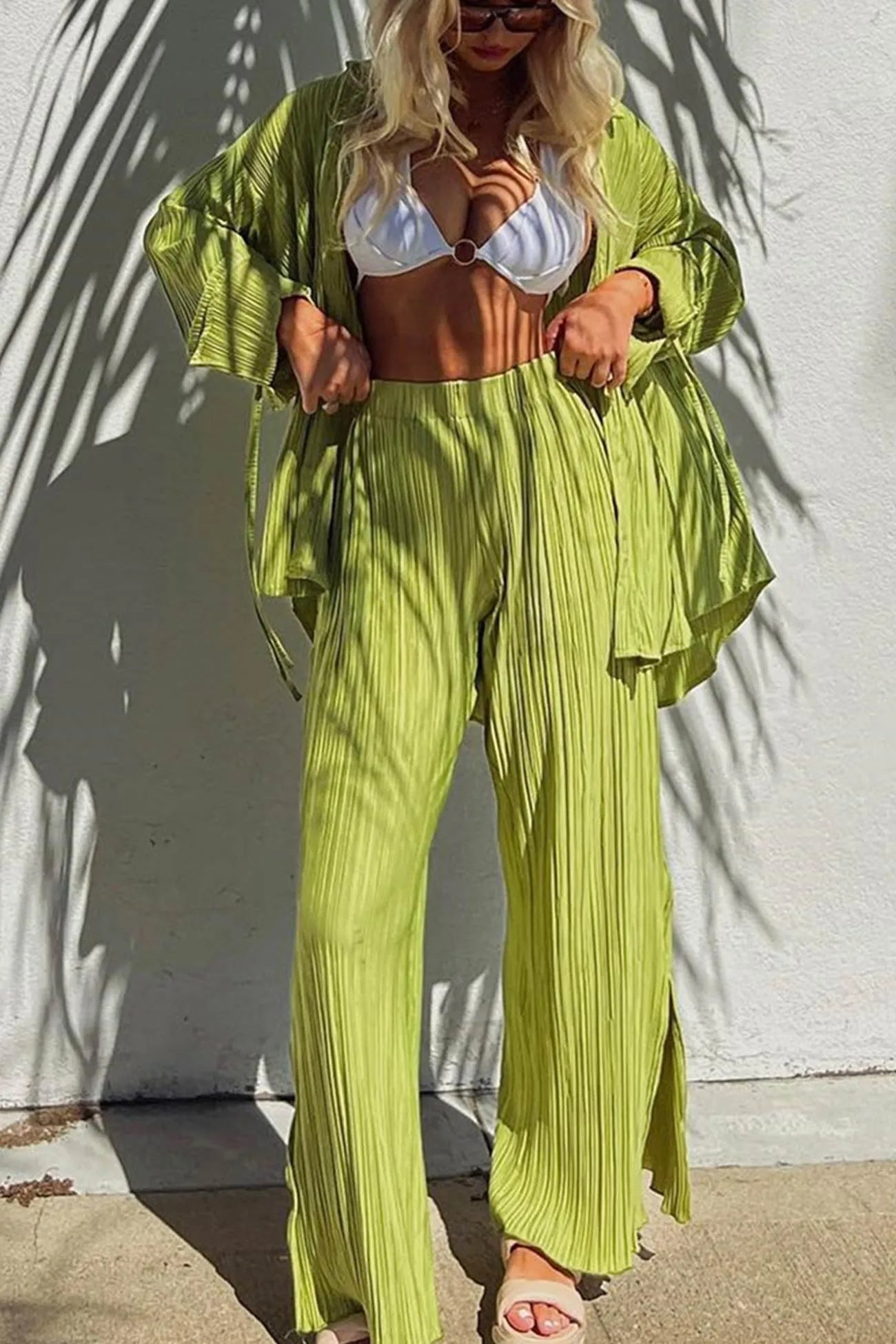 Pleated Blouse Slit Long Pants Set
