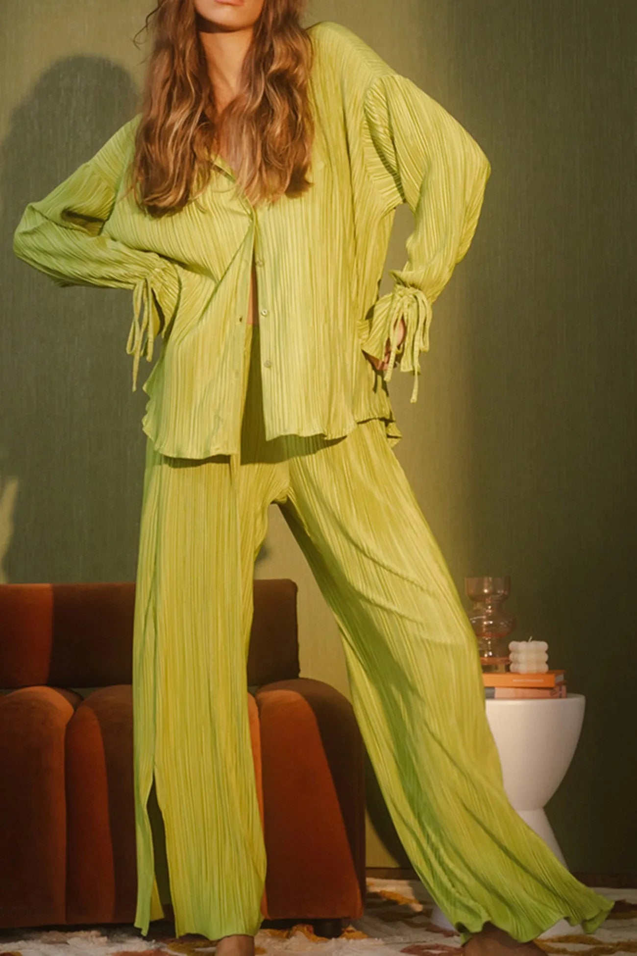Pleated Blouse Slit Long Pants Set