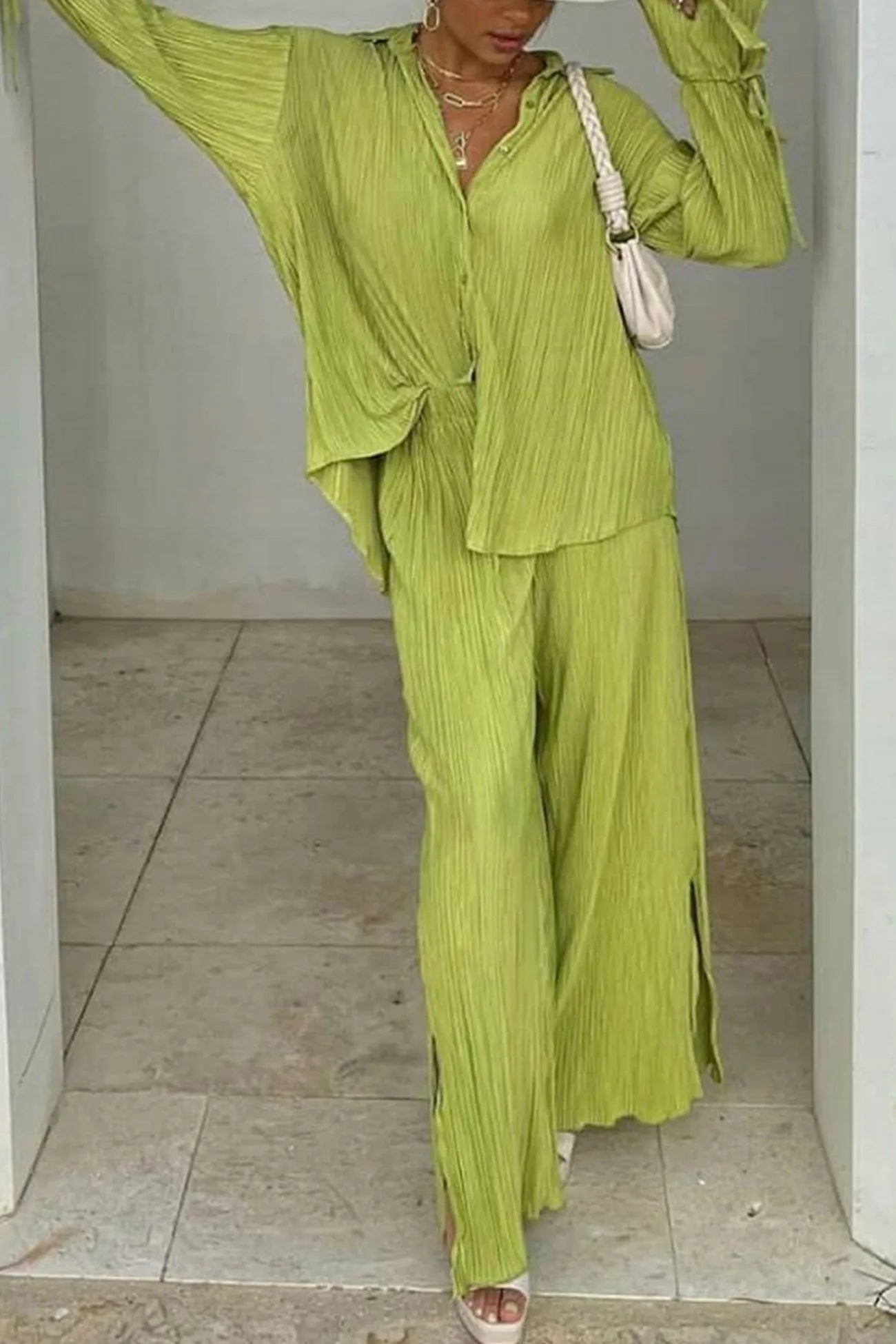 Pleated Blouse Slit Long Pants Set