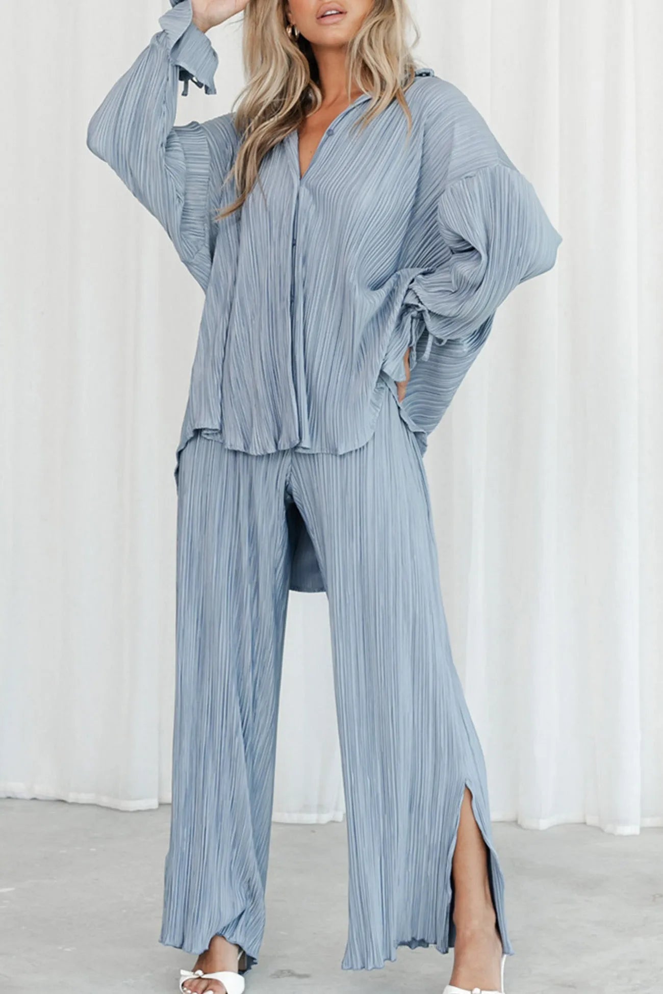 Pleated Blouse Slit Long Pants Set