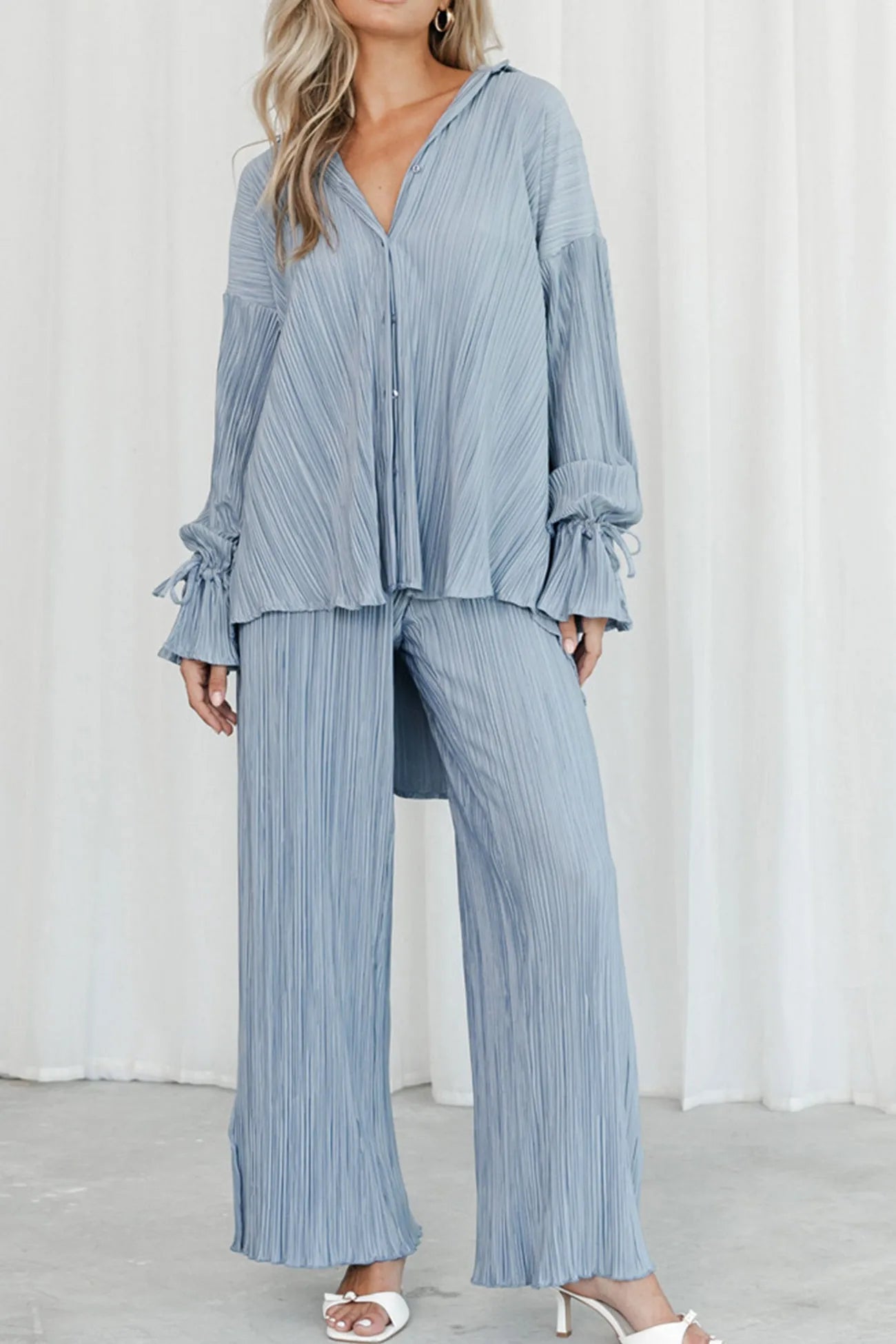 Pleated Blouse Slit Long Pants Set