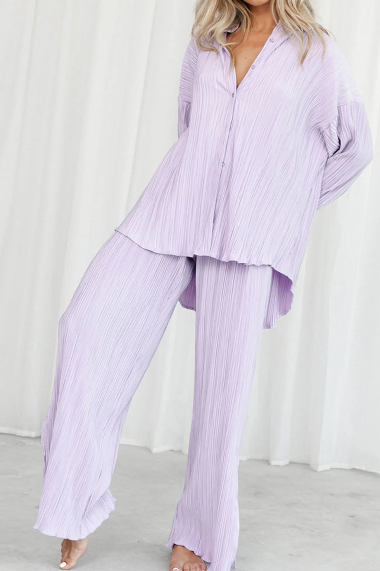 Pleated Blouse Slit Long Pants Set
