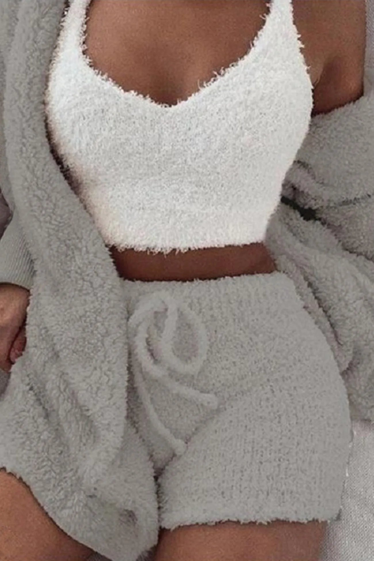 Plush Open-Front Hoodie Vest Three Piece Shorts Set