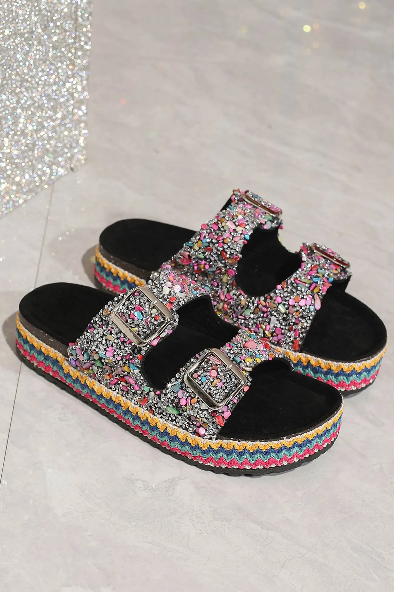 Rhinestone Double-buckle Thick Sandals