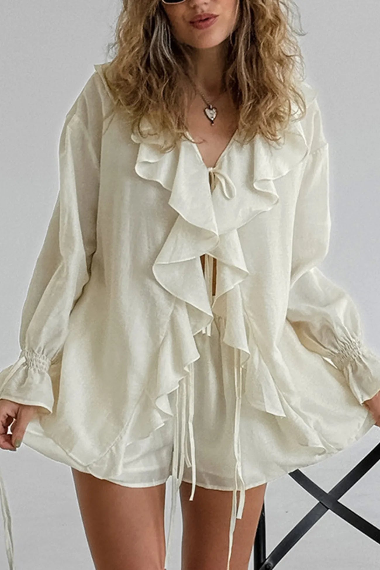 Ruffle Tie-up Sweet Shirt Set
