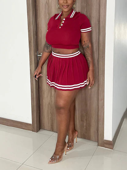 Striped Polo & Pleated Skirt Set