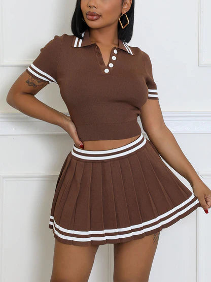 Striped Polo & Pleated Skirt Set