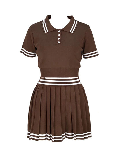 Striped Polo & Pleated Skirt Set