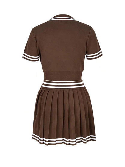 Striped Polo & Pleated Skirt Set