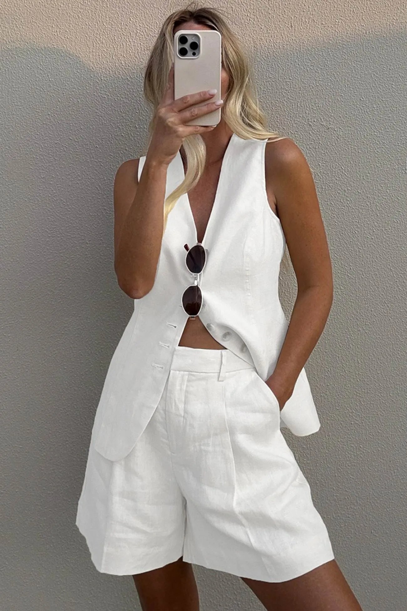 V Neck Button-up Cotton Linen Vest Shorts Set