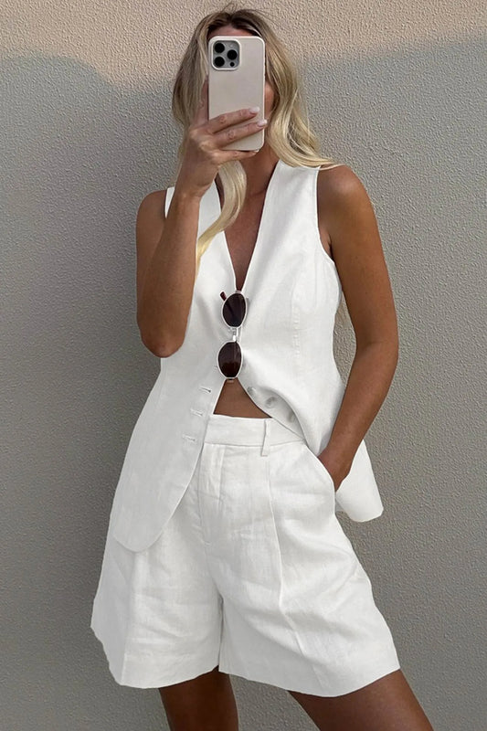 V Neck Button-up Cotton Linen Vest Shorts Set