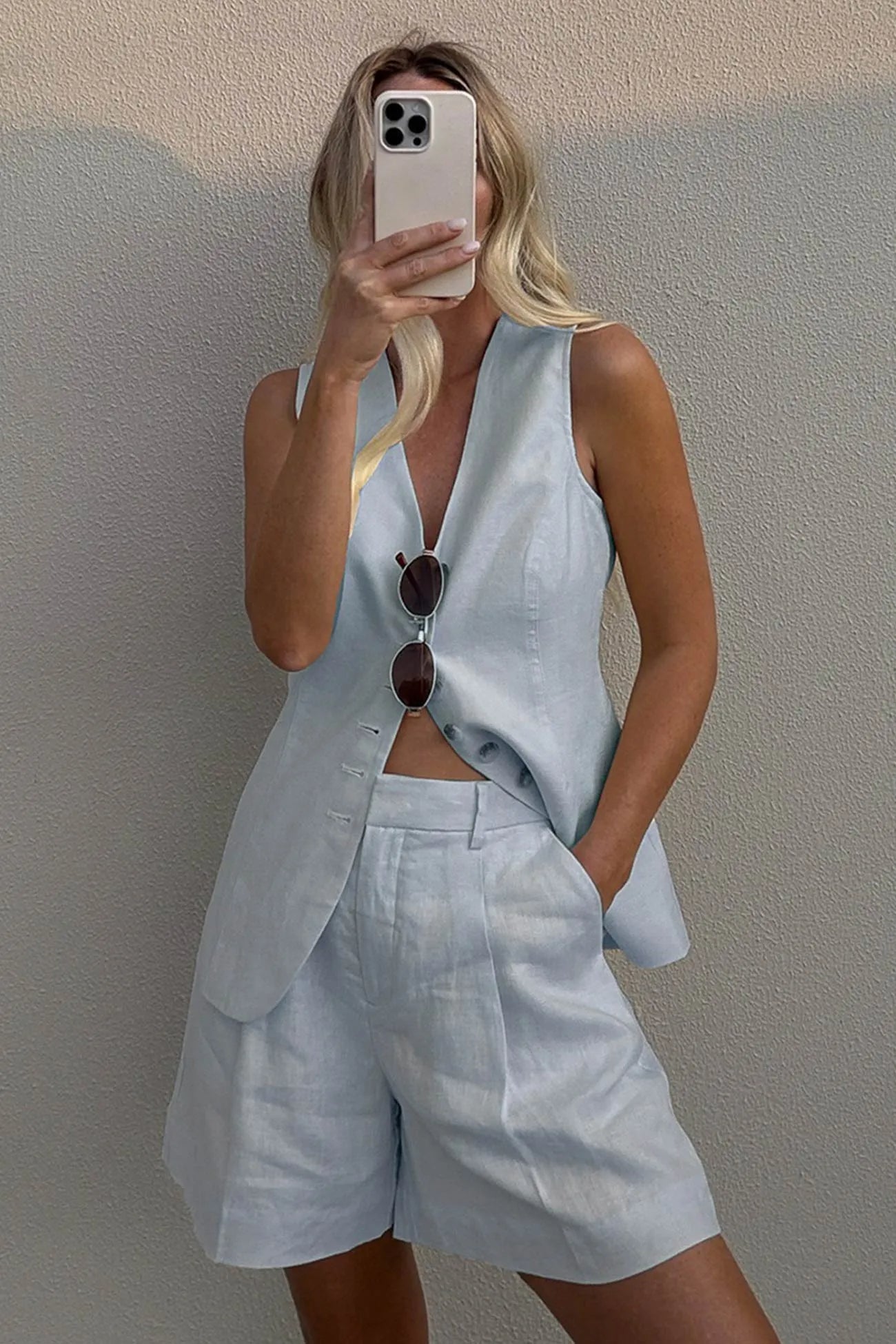 V Neck Button-up Cotton Linen Vest Shorts Set