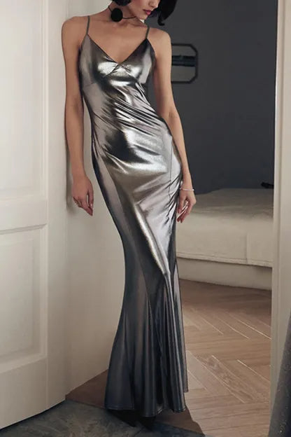 V Neck Shiny Fishtail Maxi Dress